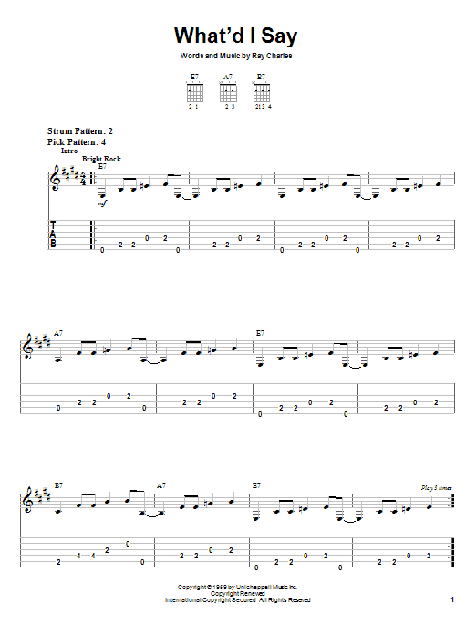 Preview Ray Charles What'd I Say Rock sheet music, notes and chords for Easy Guitar, SKU: 21891 sheet music, piano notes, chords, guitar tabs, score, transpose, transcribe, how to play, guide, download, learn, tutorial, progression, song, artist, awards, billboard, mtv, vh1, tour, single, album, release