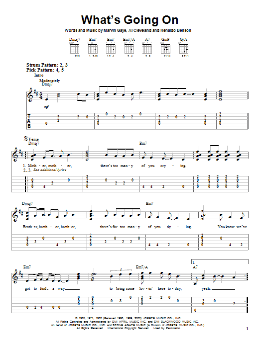 Preview Marvin Gaye What's Going On Rock sheet music, notes and chords for Easy Guitar, SKU: 21892 sheet music, piano notes, chords, guitar tabs, score, transpose, transcribe, how to play, guide, download, learn, tutorial, progression, song, artist, awards, billboard, mtv, vh1, tour, single, album, release