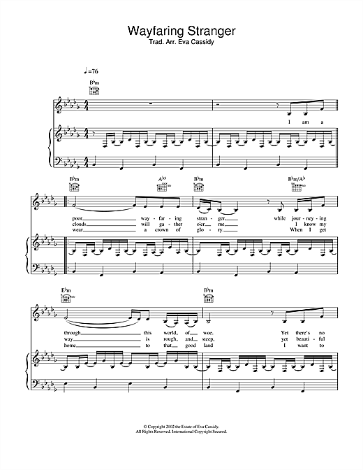 Preview Eva Cassidy Wayfaring Stranger (no intro) Jazz sheet music, notes and chords for Piano, Vocal & Guitar, SKU: 21900 sheet music, piano notes, chords, guitar tabs, score, transpose, transcribe, how to play, guide, download, learn, tutorial, progression, song, artist, awards, billboard, mtv, vh1, tour, single, album, release