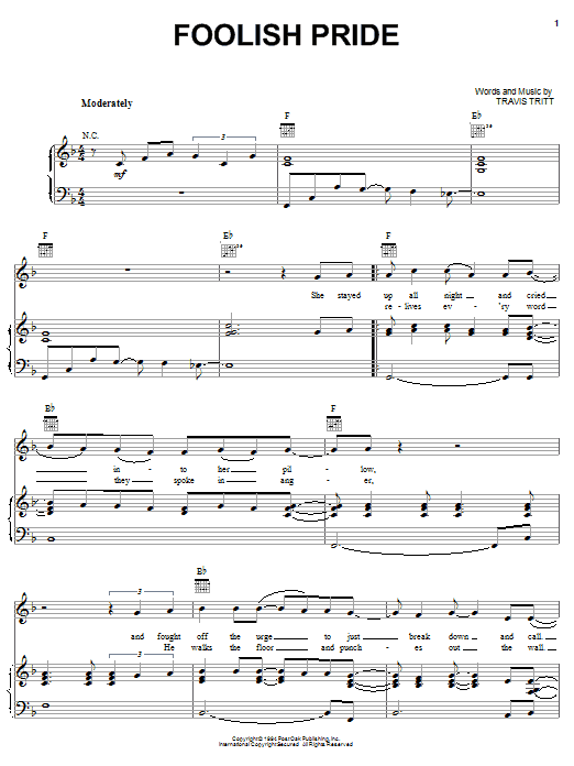 Preview Travis Tritt Foolish Pride Country sheet music, notes and chords for Piano, Vocal & Guitar (Right-Hand Melody), SKU: 21906 sheet music, piano notes, chords, guitar tabs, score, transpose, transcribe, how to play, guide, download, learn, tutorial, progression, song, artist, awards, billboard, mtv, vh1, tour, single, album, release