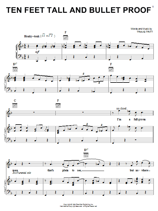 Preview Travis Tritt Ten Feet Tall And Bullet Proof Country sheet music, notes and chords for Piano, Vocal & Guitar (Right-Hand Melody), SKU: 21907 sheet music, piano notes, chords, guitar tabs, score, transpose, transcribe, how to play, guide, download, learn, tutorial, progression, song, artist, awards, billboard, mtv, vh1, tour, single, album, release