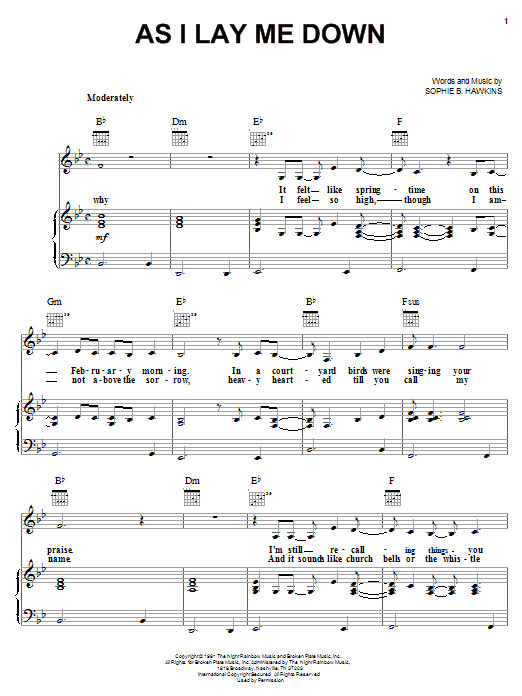 Preview Sophie B. Hawkins As I Lay Me Down Rock sheet music, notes and chords for Piano, Vocal & Guitar (Right-Hand Melody), SKU: 21908 sheet music, piano notes, chords, guitar tabs, score, transpose, transcribe, how to play, guide, download, learn, tutorial, progression, song, artist, awards, billboard, mtv, vh1, tour, single, album, release