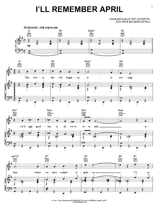 Preview Woody Herman I'll Remember April Pop sheet music, notes and chords for Piano, Vocal & Guitar (Right-Hand Melody), SKU: 21911 sheet music, piano notes, chords, guitar tabs, score, transpose, transcribe, how to play, guide, download, learn, tutorial, progression, song, artist, awards, billboard, mtv, vh1, tour, single, album, release