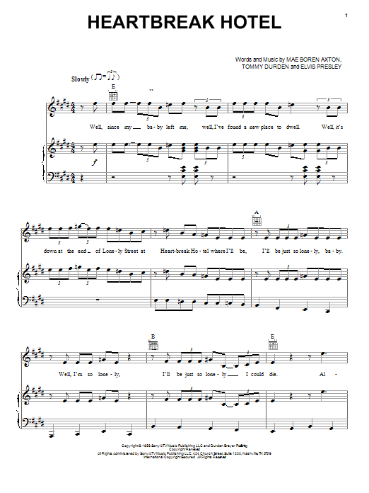 Preview Elvis Presley Heartbreak Hotel Rock sheet music, notes and chords for Piano, Vocal & Guitar (Right-Hand Melody), SKU: 21915 sheet music, piano notes, chords, guitar tabs, score, transpose, transcribe, how to play, guide, download, learn, tutorial, progression, song, artist, awards, billboard, mtv, vh1, tour, single, album, release