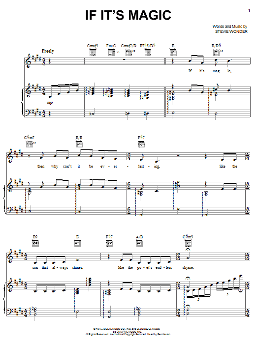 Preview Stevie Wonder If It's Magic Pop sheet music, notes and chords for Piano, Vocal & Guitar (Right-Hand Melody), SKU: 21923 sheet music, piano notes, chords, guitar tabs, score, transpose, transcribe, how to play, guide, download, learn, tutorial, progression, song, artist, awards, billboard, mtv, vh1, tour, single, album, release