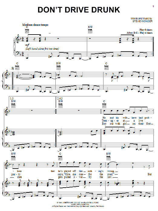 Preview Stevie Wonder Don't Drive Drunk Pop sheet music, notes and chords for Piano, Vocal & Guitar (Right-Hand Melody), SKU: 21927 sheet music, piano notes, chords, guitar tabs, score, transpose, transcribe, how to play, guide, download, learn, tutorial, progression, song, artist, awards, billboard, mtv, vh1, tour, single, album, release