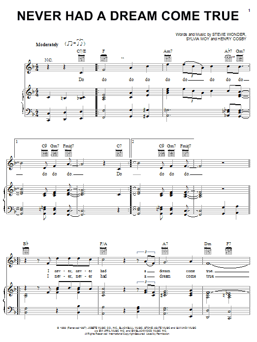 Preview Stevie Wonder Never Had A Dream Come True Pop sheet music, notes and chords for Piano, Vocal & Guitar (Right-Hand Melody), SKU: 21931 sheet music, piano notes, chords, guitar tabs, score, transpose, transcribe, how to play, guide, download, learn, tutorial, progression, song, artist, awards, billboard, mtv, vh1, tour, single, album, release