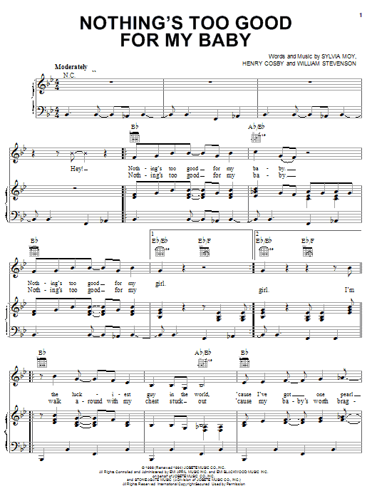 Preview Stevie Wonder Nothing's Too Good For My Baby Pop sheet music, notes and chords for Piano, Vocal & Guitar (Right-Hand Melody), SKU: 21933 sheet music, piano notes, chords, guitar tabs, score, transpose, transcribe, how to play, guide, download, learn, tutorial, progression, song, artist, awards, billboard, mtv, vh1, tour, single, album, release