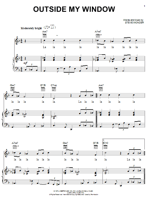 Preview Stevie Wonder Outside My Window Pop sheet music, notes and chords for Piano, Vocal & Guitar (Right-Hand Melody), SKU: 21935 sheet music, piano notes, chords, guitar tabs, score, transpose, transcribe, how to play, guide, download, learn, tutorial, progression, song, artist, awards, billboard, mtv, vh1, tour, single, album, release