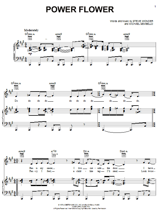 Preview Stevie Wonder Power Flower Pop sheet music, notes and chords for Piano, Vocal & Guitar (Right-Hand Melody), SKU: 21936 sheet music, piano notes, chords, guitar tabs, score, transpose, transcribe, how to play, guide, download, learn, tutorial, progression, song, artist, awards, billboard, mtv, vh1, tour, single, album, release