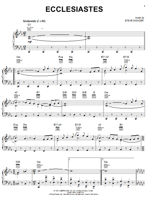 Preview Stevie Wonder Ecclesiastes Pop sheet music, notes and chords for Piano, Vocal & Guitar (Right-Hand Melody), SKU: 21940 sheet music, piano notes, chords, guitar tabs, score, transpose, transcribe, how to play, guide, download, learn, tutorial, progression, song, artist, awards, billboard, mtv, vh1, tour, single, album, release