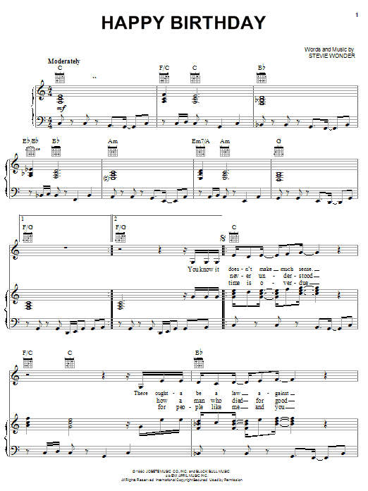 Preview Stevie Wonder Happy Birthday Pop sheet music, notes and chords for Piano, Vocal & Guitar (Right-Hand Melody), SKU: 21942 sheet music, piano notes, chords, guitar tabs, score, transpose, transcribe, how to play, guide, download, learn, tutorial, progression, song, artist, awards, billboard, mtv, vh1, tour, single, album, release