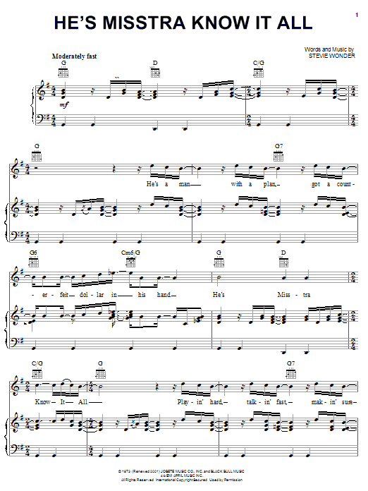 Preview Stevie Wonder He's Misstra Know-It-All Pop sheet music, notes and chords for Piano, Vocal & Guitar (Right-Hand Melody), SKU: 21943 sheet music, piano notes, chords, guitar tabs, score, transpose, transcribe, how to play, guide, download, learn, tutorial, progression, song, artist, awards, billboard, mtv, vh1, tour, single, album, release