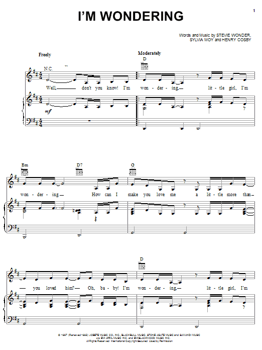 Preview Stevie Wonder I'm Wondering Pop sheet music, notes and chords for Piano, Vocal & Guitar (Right-Hand Melody), SKU: 21945 sheet music, piano notes, chords, guitar tabs, score, transpose, transcribe, how to play, guide, download, learn, tutorial, progression, song, artist, awards, billboard, mtv, vh1, tour, single, album, release