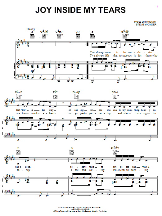 Preview Stevie Wonder Joy Inside My Tears Pop sheet music, notes and chords for Piano, Vocal & Guitar (Right-Hand Melody), SKU: 21947 sheet music, piano notes, chords, guitar tabs, score, transpose, transcribe, how to play, guide, download, learn, tutorial, progression, song, artist, awards, billboard, mtv, vh1, tour, single, album, release