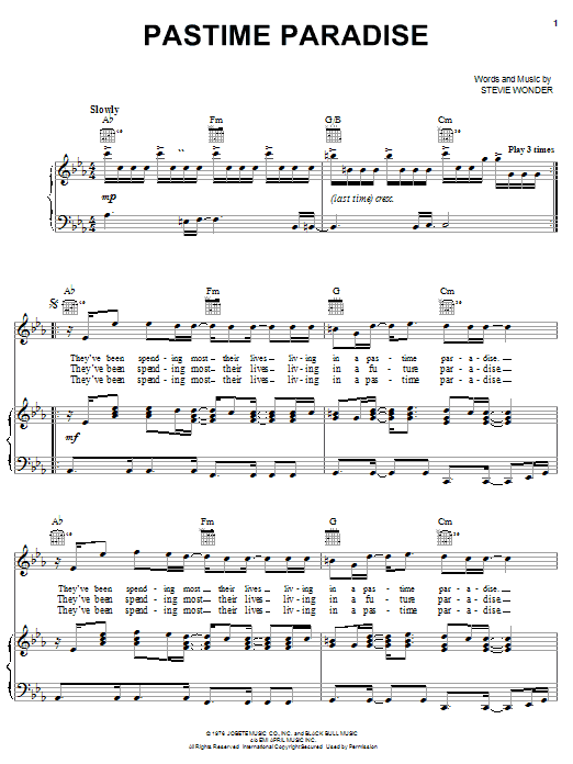 Preview Stevie Wonder Pastime Paradise Pop sheet music, notes and chords for Piano, Vocal & Guitar (Right-Hand Melody), SKU: 21948 sheet music, piano notes, chords, guitar tabs, score, transpose, transcribe, how to play, guide, download, learn, tutorial, progression, song, artist, awards, billboard, mtv, vh1, tour, single, album, release