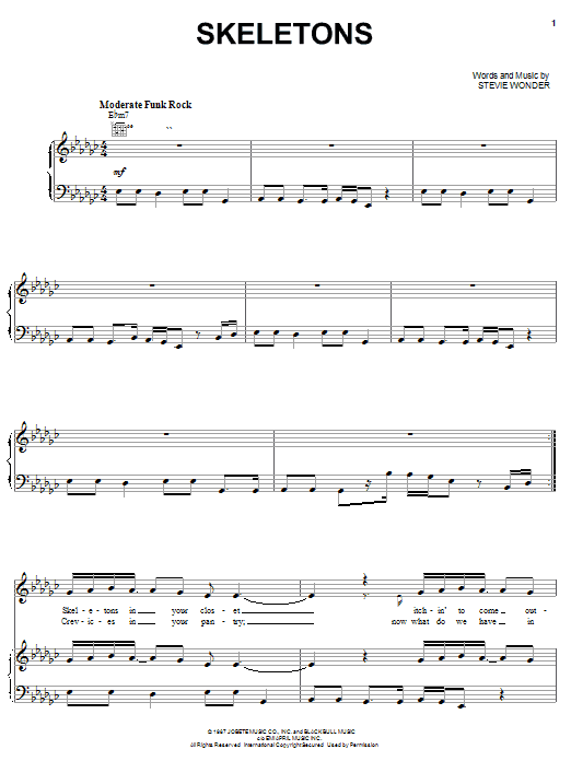 Preview Stevie Wonder Skeletons Pop sheet music, notes and chords for Piano, Vocal & Guitar (Right-Hand Melody), SKU: 21950 sheet music, piano notes, chords, guitar tabs, score, transpose, transcribe, how to play, guide, download, learn, tutorial, progression, song, artist, awards, billboard, mtv, vh1, tour, single, album, release