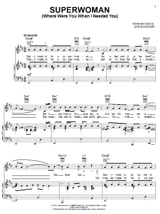 Preview Stevie Wonder Superwoman (Where Were You When I Needed You) Pop sheet music, notes and chords for Piano, Vocal & Guitar (Right-Hand Melody), SKU: 21951 sheet music, piano notes, chords, guitar tabs, score, transpose, transcribe, how to play, guide, download, learn, tutorial, progression, song, artist, awards, billboard, mtv, vh1, tour, single, album, release