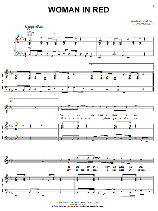Preview Stevie Wonder Woman In Red Pop sheet music, notes and chords for Piano, Vocal & Guitar (Right-Hand Melody), SKU: 21953 sheet music, piano notes, chords, guitar tabs, score, transpose, transcribe, how to play, guide, download, learn, tutorial, progression, song, artist, awards, billboard, mtv, vh1, tour, single, album, release