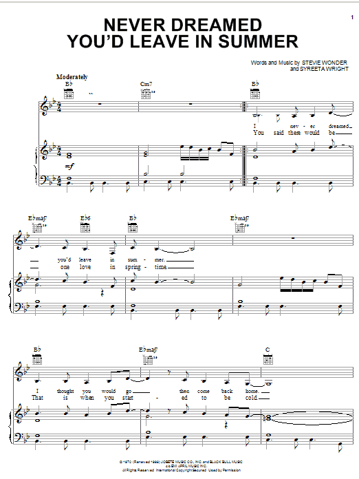 Preview Stevie Wonder Never Dreamed You'd Leave In Summer Pop sheet music, notes and chords for Piano, Vocal & Guitar (Right-Hand Melody), SKU: 21955 sheet music, piano notes, chords, guitar tabs, score, transpose, transcribe, how to play, guide, download, learn, tutorial, progression, song, artist, awards, billboard, mtv, vh1, tour, single, album, release