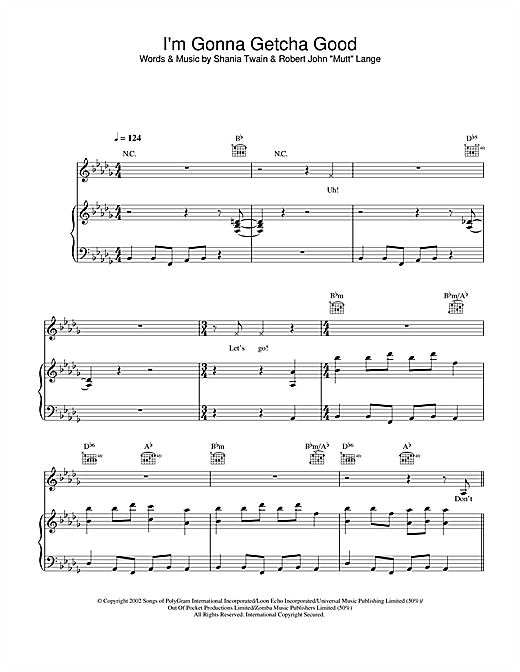 Preview Shania Twain I'm Gonna Getcha Good Pop sheet music, notes and chords for Piano, Vocal & Guitar, SKU: 21960 sheet music, piano notes, chords, guitar tabs, score, transpose, transcribe, how to play, guide, download, learn, tutorial, progression, song, artist, awards, billboard, mtv, vh1, tour, single, album, release