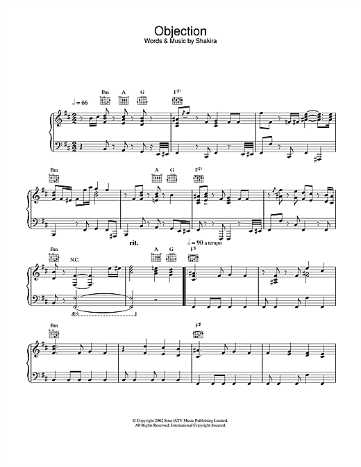 Preview Shakira Objection (Tango) Pop sheet music, notes and chords for Piano, Vocal & Guitar, SKU: 21962 sheet music, piano notes, chords, guitar tabs, score, transpose, transcribe, how to play, guide, download, learn, tutorial, progression, song, artist, awards, billboard, mtv, vh1, tour, single, album, release