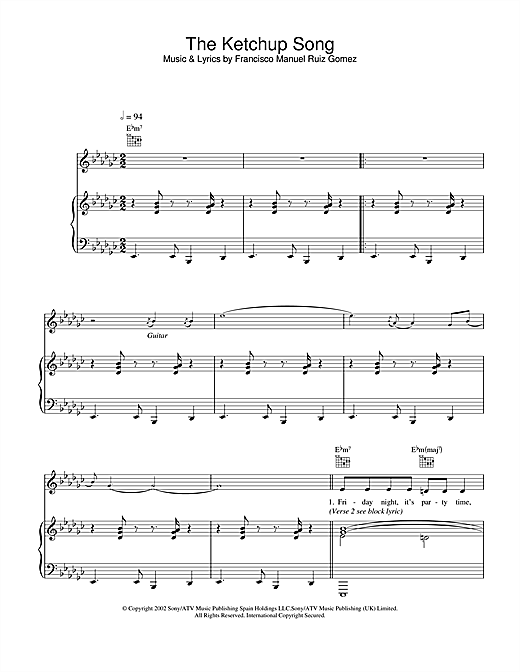 Preview Las Ketchup The Ketchup Song Pop sheet music, notes and chords for Piano, Vocal & Guitar, SKU: 21963 sheet music, piano notes, chords, guitar tabs, score, transpose, transcribe, how to play, guide, download, learn, tutorial, progression, song, artist, awards, billboard, mtv, vh1, tour, single, album, release