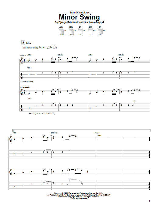 Preview Django Reinhardt Minor Swing Jazz sheet music, notes and chords for Guitar Tab, SKU: 21970 sheet music, piano notes, chords, guitar tabs, score, transpose, transcribe, how to play, guide, download, learn, tutorial, progression, song, artist, awards, billboard, mtv, vh1, tour, single, album, release