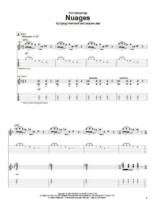 Preview Django Reinhardt Nuages Jazz sheet music, notes and chords for Guitar Tab, SKU: 21975 sheet music, piano notes, chords, guitar tabs, score, transpose, transcribe, how to play, guide, download, learn, tutorial, progression, song, artist, awards, billboard, mtv, vh1, tour, single, album, release