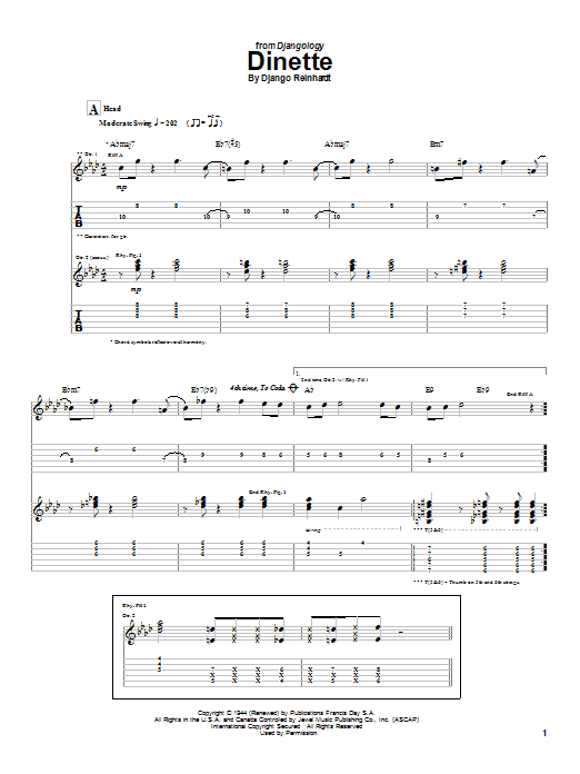 Preview Django Reinhardt Dinette Jazz sheet music, notes and chords for Guitar Tab, SKU: 21978 sheet music, piano notes, chords, guitar tabs, score, transpose, transcribe, how to play, guide, download, learn, tutorial, progression, song, artist, awards, billboard, mtv, vh1, tour, single, album, release