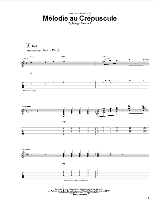 Preview Django Reinhardt Melodie Au Crepuscule Jazz sheet music, notes and chords for Guitar Tab, SKU: 21980 sheet music, piano notes, chords, guitar tabs, score, transpose, transcribe, how to play, guide, download, learn, tutorial, progression, song, artist, awards, billboard, mtv, vh1, tour, single, album, release