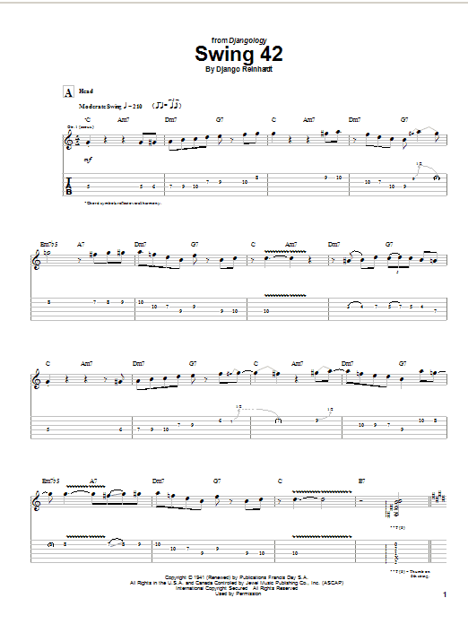 Preview Django Reinhardt Swing 42 Jazz sheet music, notes and chords for Guitar Tab, SKU: 21982 sheet music, piano notes, chords, guitar tabs, score, transpose, transcribe, how to play, guide, download, learn, tutorial, progression, song, artist, awards, billboard, mtv, vh1, tour, single, album, release
