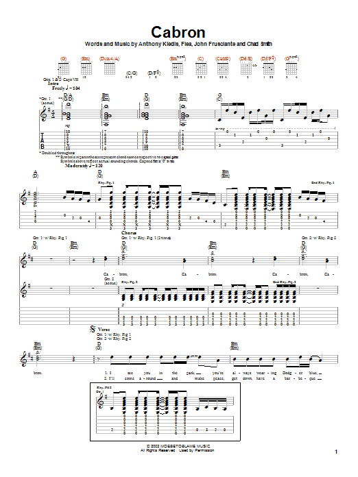 Preview Red Hot Chili Peppers Cabron Rock sheet music, notes and chords for Guitar Tab, SKU: 21992 sheet music, piano notes, chords, guitar tabs, score, transpose, transcribe, how to play, guide, download, learn, tutorial, progression, song, artist, awards, billboard, mtv, vh1, tour, single, album, release