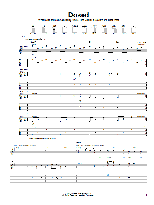 Preview Red Hot Chili Peppers Dosed Rock sheet music, notes and chords for Guitar Tab, SKU: 21995 sheet music, piano notes, chords, guitar tabs, score, transpose, transcribe, how to play, guide, download, learn, tutorial, progression, song, artist, awards, billboard, mtv, vh1, tour, single, album, release