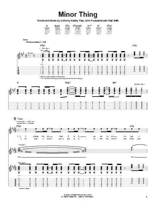 Preview Red Hot Chili Peppers Minor Thing Rock sheet music, notes and chords for Guitar Tab, SKU: 21998 sheet music, piano notes, chords, guitar tabs, score, transpose, transcribe, how to play, guide, download, learn, tutorial, progression, song, artist, awards, billboard, mtv, vh1, tour, single, album, release