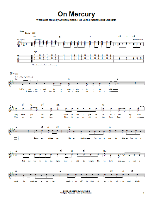 Preview Red Hot Chili Peppers On Mercury Rock sheet music, notes and chords for Guitar Tab, SKU: 21999 sheet music, piano notes, chords, guitar tabs, score, transpose, transcribe, how to play, guide, download, learn, tutorial, progression, song, artist, awards, billboard, mtv, vh1, tour, single, album, release