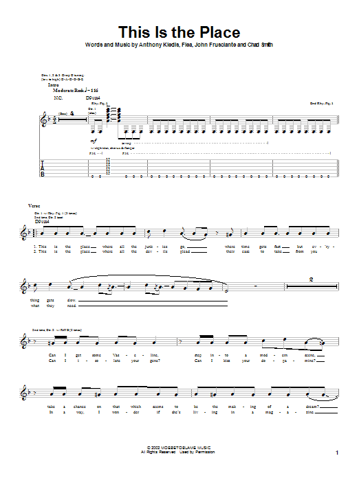 Preview Red Hot Chili Peppers This Is The Place Rock sheet music, notes and chords for Guitar Tab, SKU: 22002 sheet music, piano notes, chords, guitar tabs, score, transpose, transcribe, how to play, guide, download, learn, tutorial, progression, song, artist, awards, billboard, mtv, vh1, tour, single, album, release