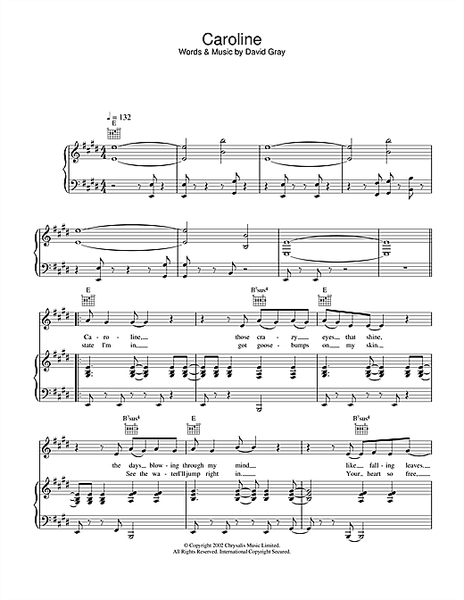 Preview David Gray Caroline Pop sheet music, notes and chords for Piano, Vocal & Guitar, SKU: 22008 sheet music, piano notes, chords, guitar tabs, score, transpose, transcribe, how to play, guide, download, learn, tutorial, progression, song, artist, awards, billboard, mtv, vh1, tour, single, album, release