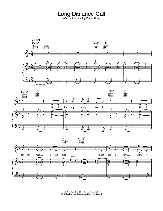 Preview David Gray Long Distance Call Pop sheet music, notes and chords for Piano, Vocal & Guitar, SKU: 22010 sheet music, piano notes, chords, guitar tabs, score, transpose, transcribe, how to play, guide, download, learn, tutorial, progression, song, artist, awards, billboard, mtv, vh1, tour, single, album, release