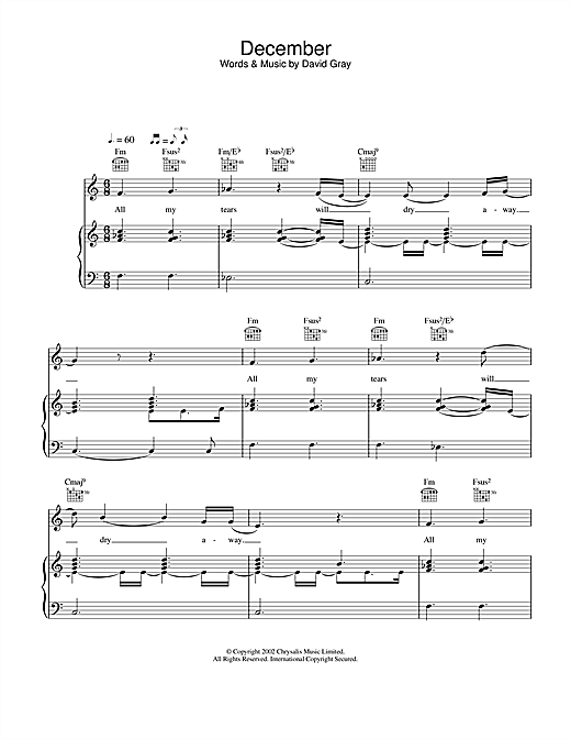 Preview David Gray December Pop sheet music, notes and chords for Piano, Vocal & Guitar, SKU: 22012 sheet music, piano notes, chords, guitar tabs, score, transpose, transcribe, how to play, guide, download, learn, tutorial, progression, song, artist, awards, billboard, mtv, vh1, tour, single, album, release