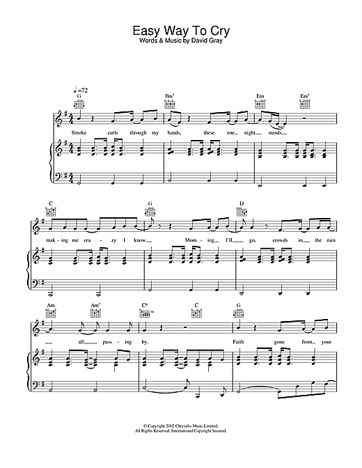 Preview David Gray Easy Way To Cry Pop sheet music, notes and chords for Piano, Vocal & Guitar, SKU: 22013 sheet music, piano notes, chords, guitar tabs, score, transpose, transcribe, how to play, guide, download, learn, tutorial, progression, song, artist, awards, billboard, mtv, vh1, tour, single, album, release