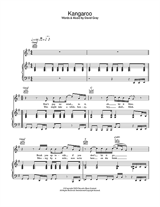 Preview David Gray Kangaroo Pop sheet music, notes and chords for Piano, Vocal & Guitar, SKU: 22014 sheet music, piano notes, chords, guitar tabs, score, transpose, transcribe, how to play, guide, download, learn, tutorial, progression, song, artist, awards, billboard, mtv, vh1, tour, single, album, release