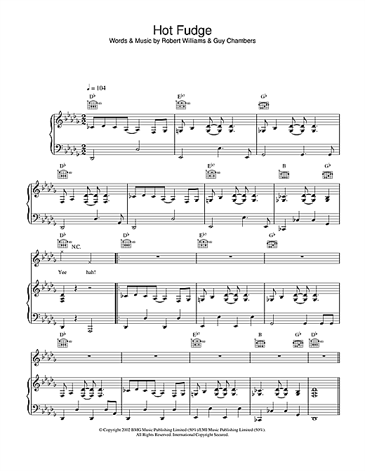 Preview Robbie Williams Hot Fudge Pop sheet music, notes and chords for Piano, Vocal & Guitar, SKU: 22026 sheet music, piano notes, chords, guitar tabs, score, transpose, transcribe, how to play, guide, download, learn, tutorial, progression, song, artist, awards, billboard, mtv, vh1, tour, single, album, release
