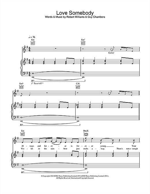 Preview Robbie Williams Love Somebody Pop sheet music, notes and chords for Piano, Vocal & Guitar, SKU: 22028 sheet music, piano notes, chords, guitar tabs, score, transpose, transcribe, how to play, guide, download, learn, tutorial, progression, song, artist, awards, billboard, mtv, vh1, tour, single, album, release