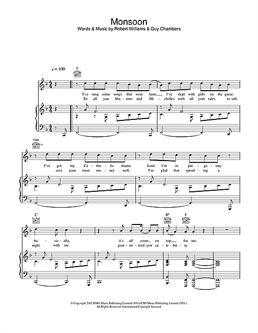 Preview Robbie Williams Monsoon Pop sheet music, notes and chords for Piano, Vocal & Guitar, SKU: 22029 sheet music, piano notes, chords, guitar tabs, score, transpose, transcribe, how to play, guide, download, learn, tutorial, progression, song, artist, awards, billboard, mtv, vh1, tour, single, album, release