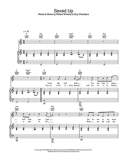 Preview Robbie Williams Sexed Up Pop sheet music, notes and chords for Piano, Vocal & Guitar, SKU: 22031 sheet music, piano notes, chords, guitar tabs, score, transpose, transcribe, how to play, guide, download, learn, tutorial, progression, song, artist, awards, billboard, mtv, vh1, tour, single, album, release