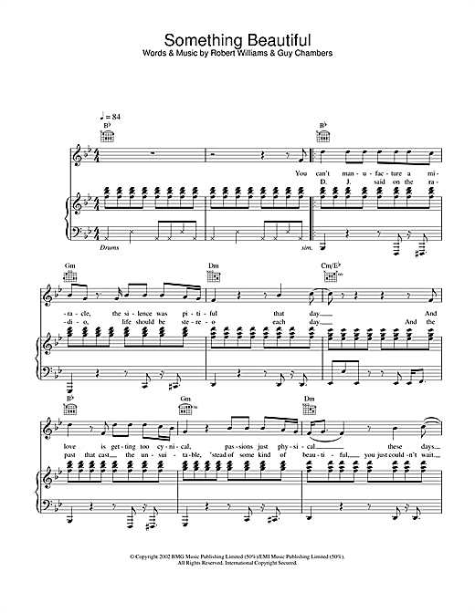 Preview Robbie Williams Something Beautiful Pop sheet music, notes and chords for Piano, Vocal & Guitar, SKU: 22032 sheet music, piano notes, chords, guitar tabs, score, transpose, transcribe, how to play, guide, download, learn, tutorial, progression, song, artist, awards, billboard, mtv, vh1, tour, single, album, release