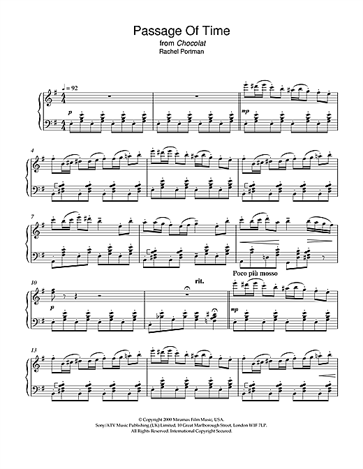 Preview Rachel Portman Passage Of Time (from Chocolat) Film and TV sheet music, notes and chords for Piano, SKU: 22389 sheet music, piano notes, chords, guitar tabs, score, transpose, transcribe, how to play, guide, download, learn, tutorial, progression, song, artist, awards, billboard, mtv, vh1, tour, single, album, release