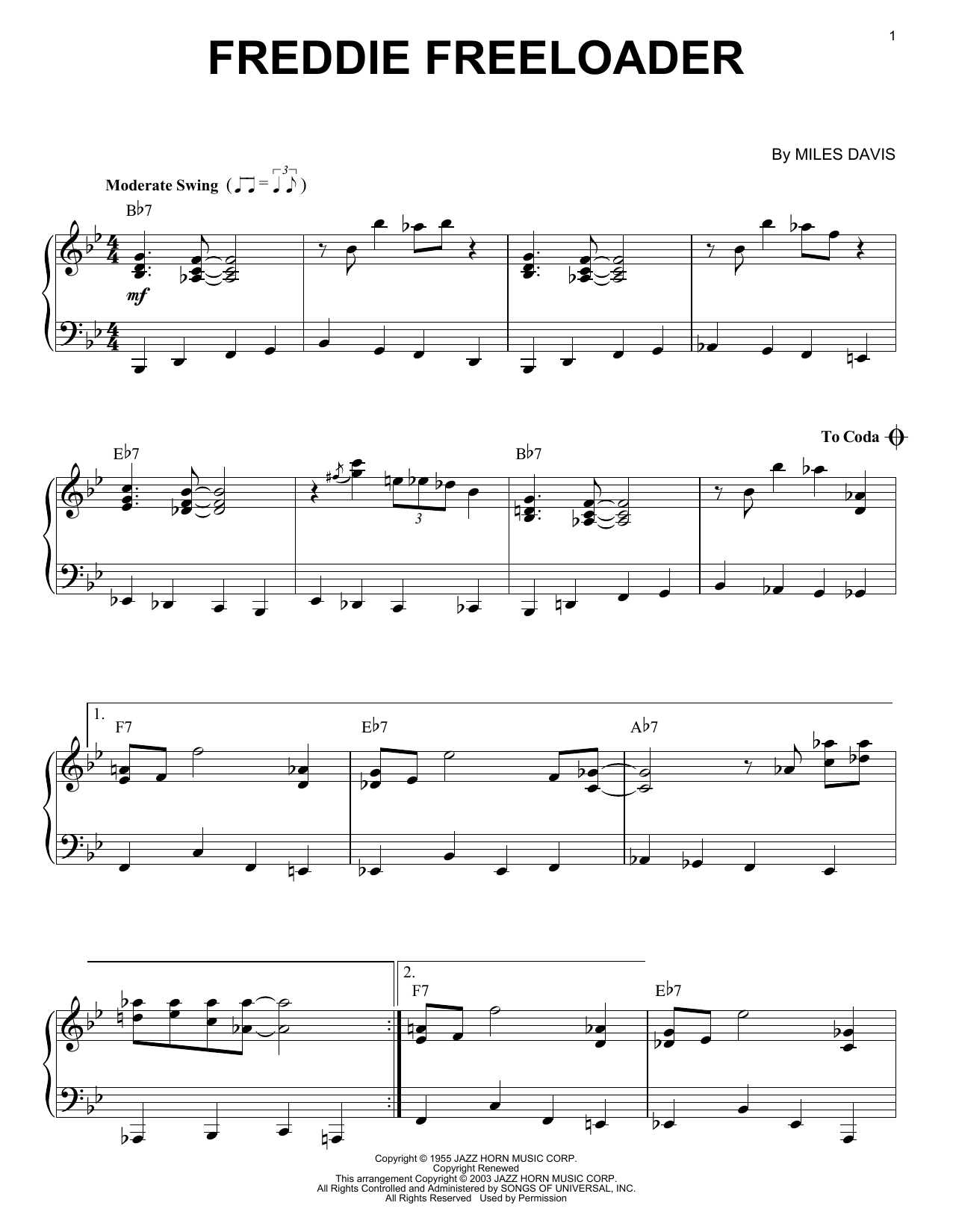 Preview Miles Davis Freddie Freeloader Blues sheet music, notes and chords for Piano Solo, SKU: 22833 sheet music, piano notes, chords, guitar tabs, score, transpose, transcribe, how to play, guide, download, learn, tutorial, progression, song, artist, awards, billboard, mtv, vh1, tour, single, album, release