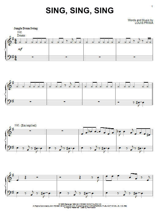 Preview Benny Goodman Sing, Sing, Sing Jazz sheet music, notes and chords for Piano, SKU: 23449 sheet music, piano notes, chords, guitar tabs, score, transpose, transcribe, how to play, guide, download, learn, tutorial, progression, song, artist, awards, billboard, mtv, vh1, tour, single, album, release